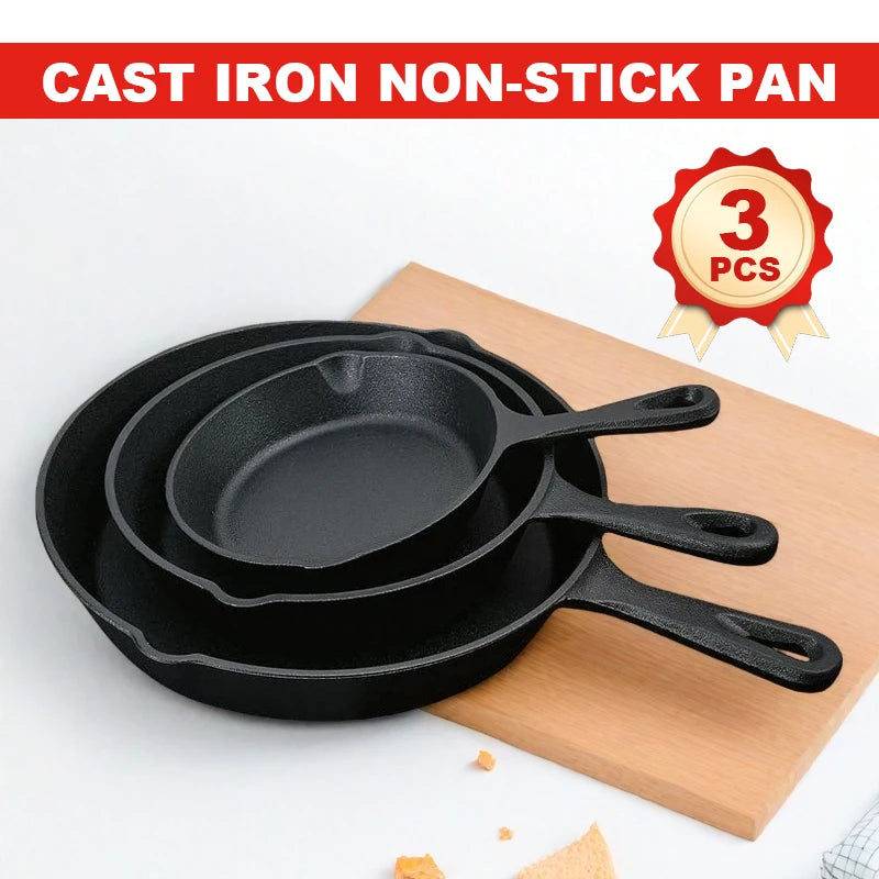 "3-piece cast iron cookware set, uncoated cast iron pan collection, 6-inch/8-inch/10-inch cast iron skillets, frying pans