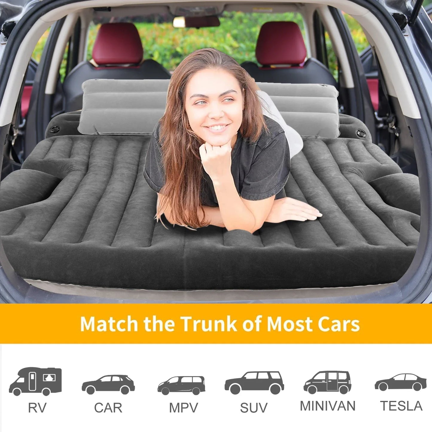 QDH SUV Air Mattress Thickened Double-Sided Flocking Camping Bed with 2 Pillows & Pump for SUV Trunk & Rear Seat (Dark Gray)