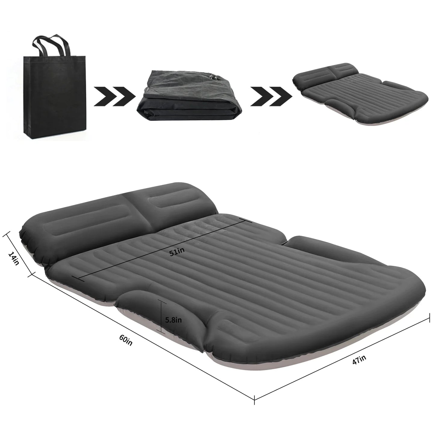 QDH SUV Air Mattress Thickened Double-Sided Flocking Camping Bed with 2 Pillows & Pump for SUV Trunk & Rear Seat (Dark Gray)
