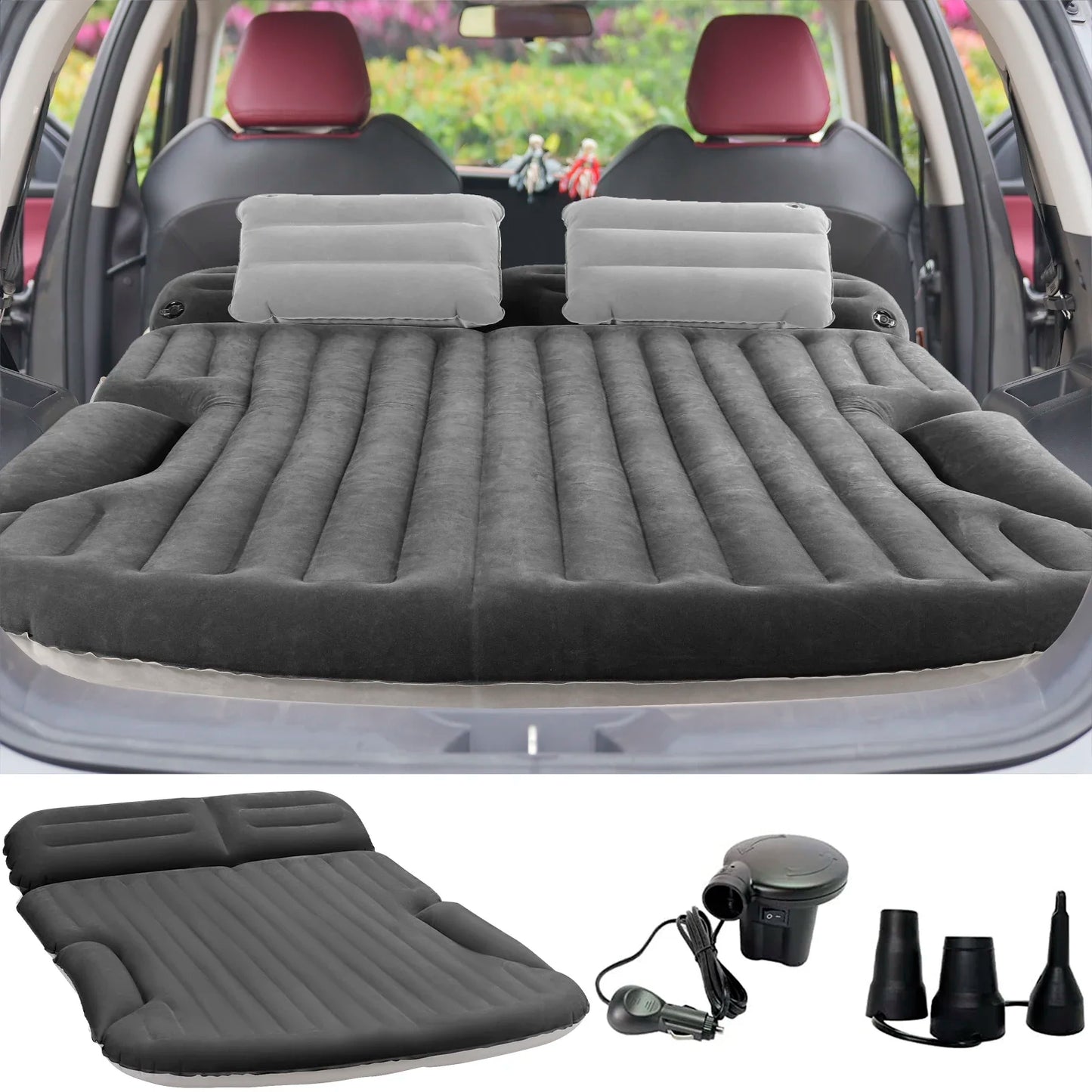 QDH SUV Air Mattress Thickened Double-Sided Flocking Camping Bed with 2 Pillows & Pump for SUV Trunk & Rear Seat (Dark Gray)