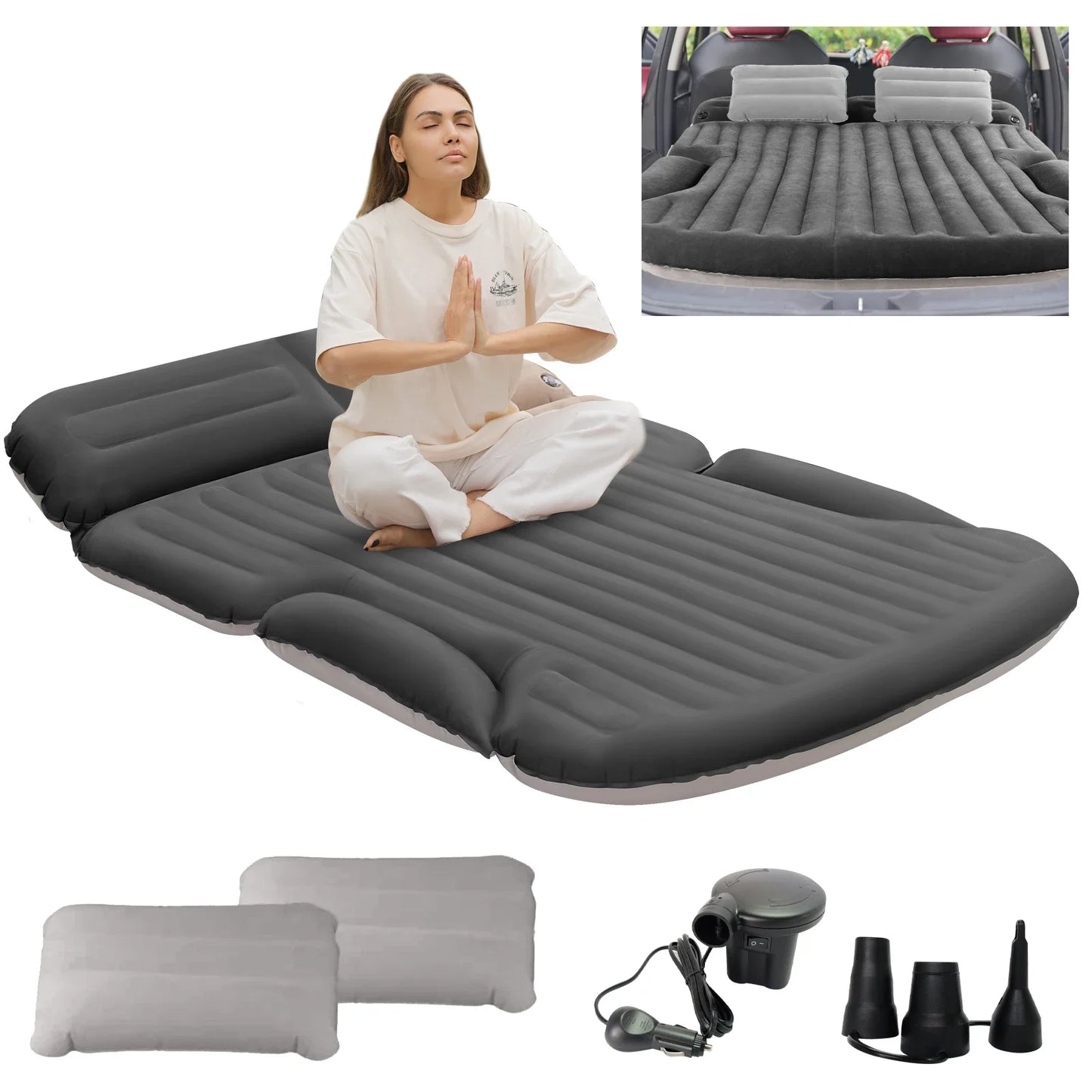 QDH SUV Air Mattress Thickened Double-Sided Flocking Camping Bed with 2 Pillows & Pump for SUV Trunk & Rear Seat (Dark Gray)