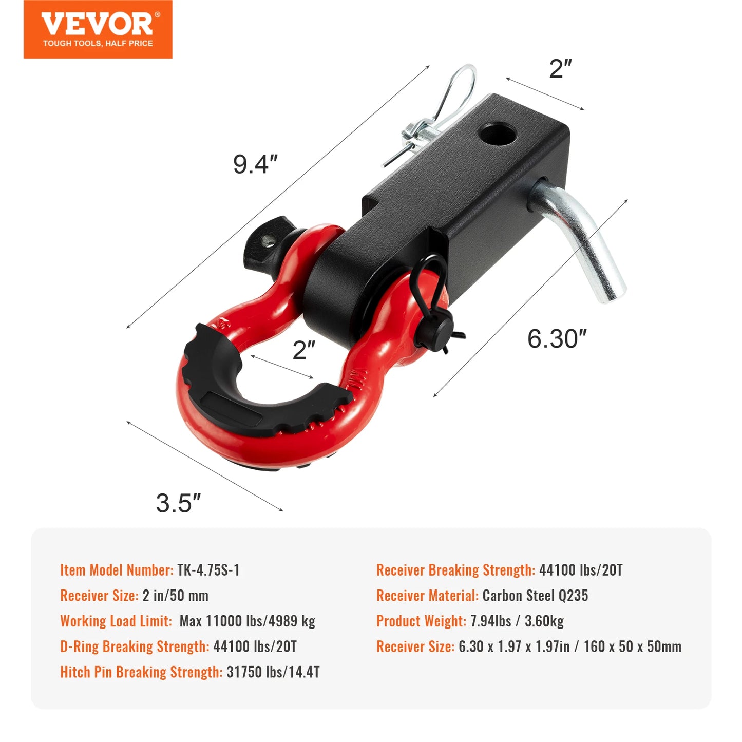 VEVOR 2in D-Ring Shackle Hitch Receiver with Trailer Hitch Lock Pin Towing Accessories for Trucks Off-Road Vehicle Recovery