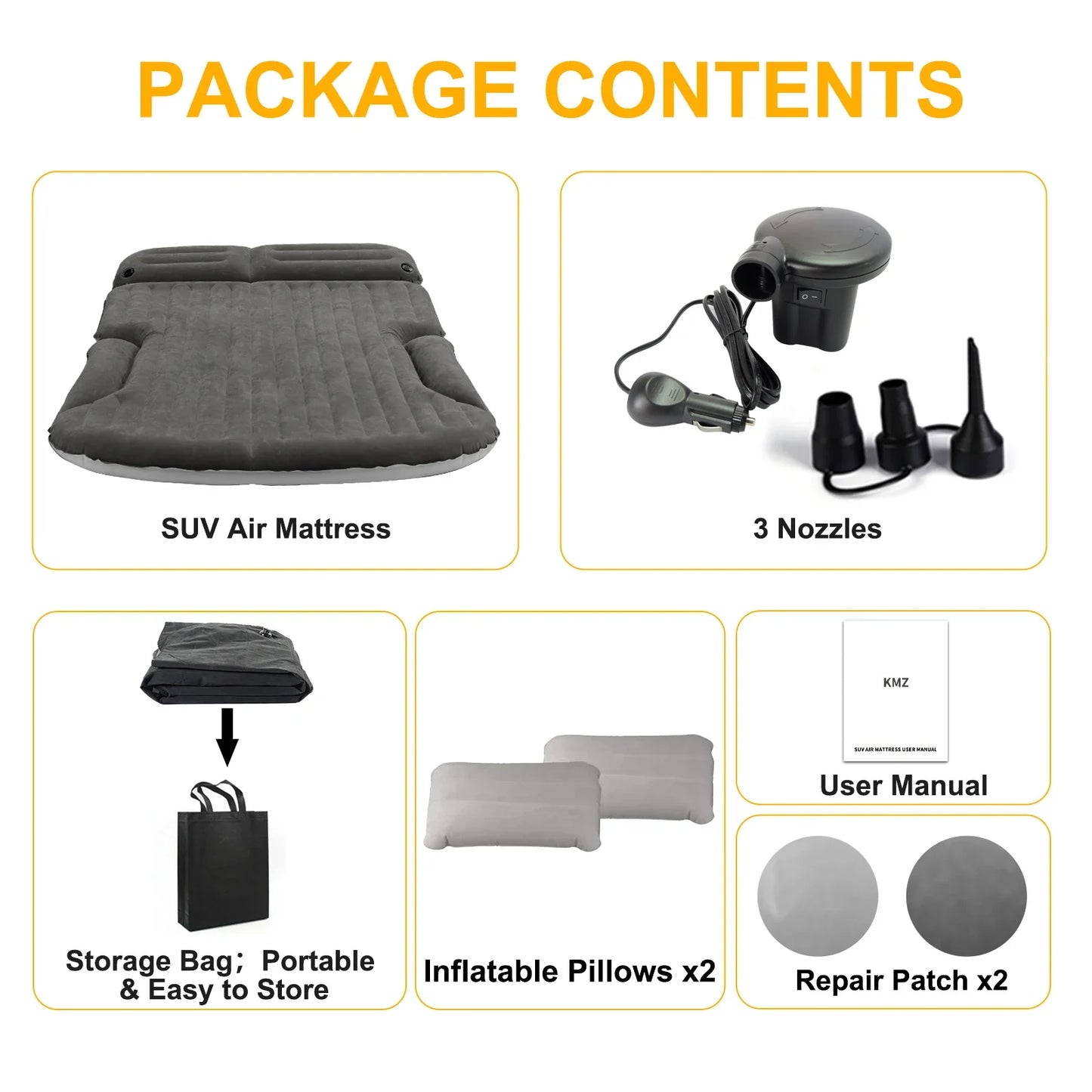 QDH SUV Air Mattress Thickened Double-Sided Flocking Camping Bed with 2 Pillows & Pump for SUV Trunk & Rear Seat (Dark Gray)