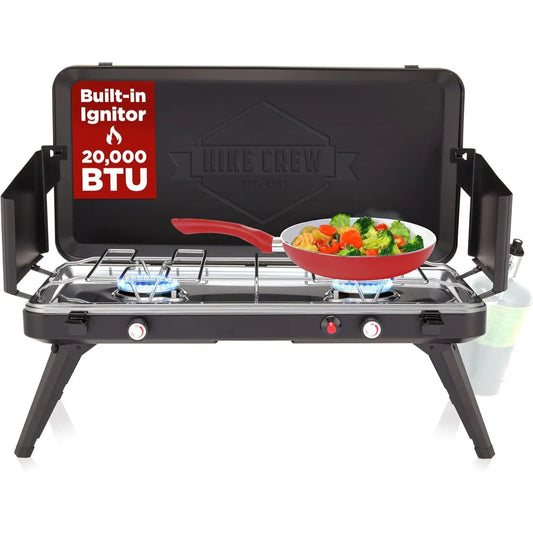 Hike Crew 2-Burner 20,000 BTU Gas Camping Stove, Propane Portable Grill with Igniter & More!