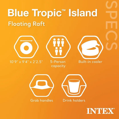 Intex Blue Tropic Inflatable 5 Person Raft or Swimming Pool Island Water Floating Lounger Raft with Backrests, Built in Cooler
