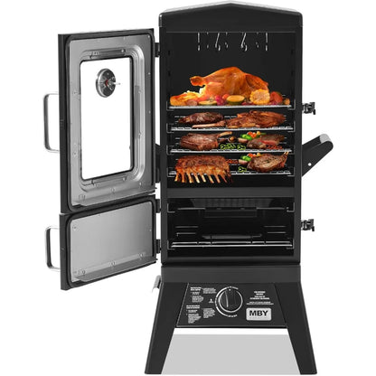 Propane Smoker with Cover, Vertical Gas Smokers Grill with Temperature Control Outdoor Heavy Duty Three Removable Smoking Shelve