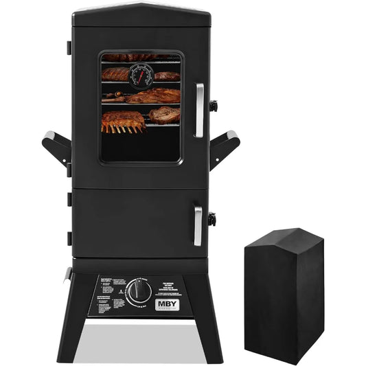 Propane Smoker with Cover, Vertical Gas Smokers Grill with Temperature Control Outdoor Heavy Duty Three Removable Smoking Shelve
