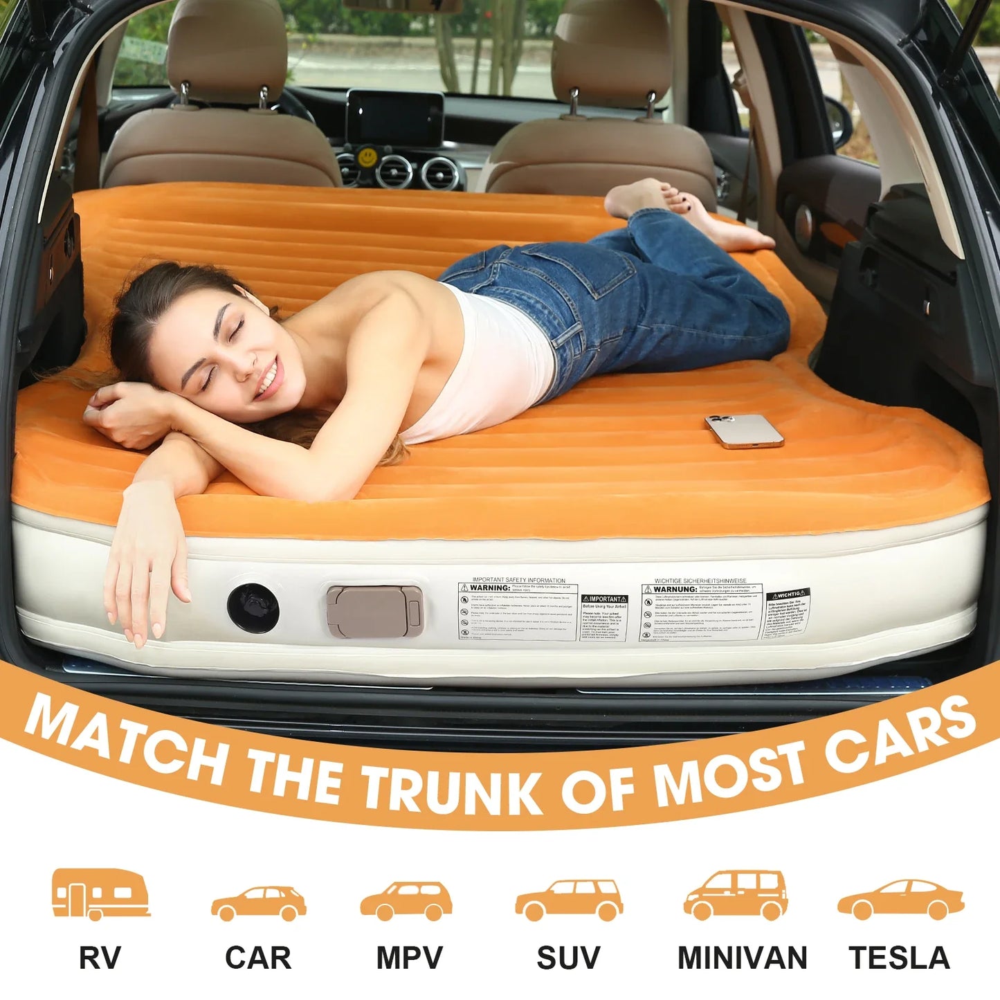 QDH SUV Air Mattress Double Size Thickened Flocked Car Mattress with Built-in Pump, Portable Inflatable Bed, 660lb Capacity