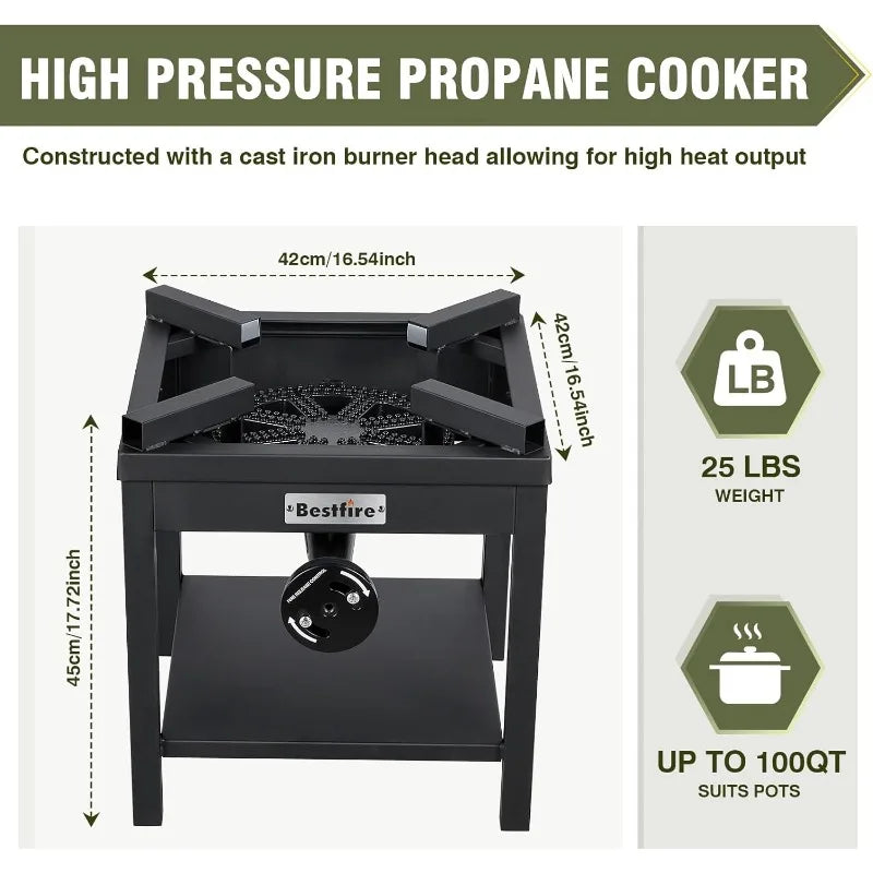 BESTFIRE 260,000 BTU Outdoor Propane Gas Stove with 0-30 PSI Adjustable Regulator and Steel-Braided Hose for Outdoor  Cooking