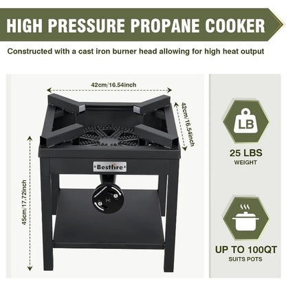 BESTFIRE 260,000 BTU Outdoor Propane Gas Stove with 0-30 PSI Adjustable Regulator and Steel-Braided Hose for Outdoor  Cooking