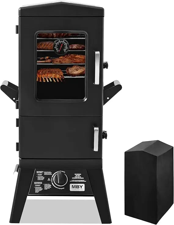 Propane Smoker with Cover, Vertical Gas Smokers Grill with Temperature Control Outdoor Heavy Duty Three Removable Smoking Shelve