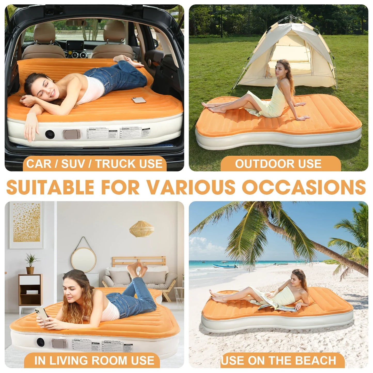 QDH SUV Air Mattress Double Size Thickened Flocked Car Mattress with Built-in Pump, Portable Inflatable Bed, 660lb Capacity