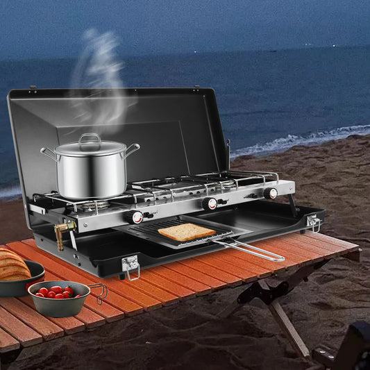 [Outdoor Campfire Grill] 3-Burner Durable Cold-Rolled Steel Grill - Windproof Lid for Camping & Outdoor Cooking