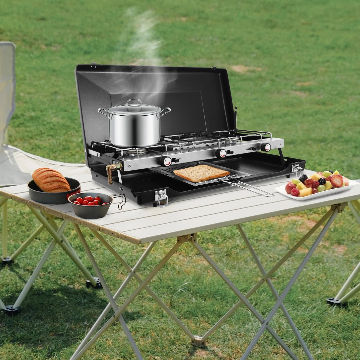 [Outdoor Campfire Grill] 3-Burner Durable Cold-Rolled Steel Grill - Windproof Lid for Camping & Outdoor Cooking